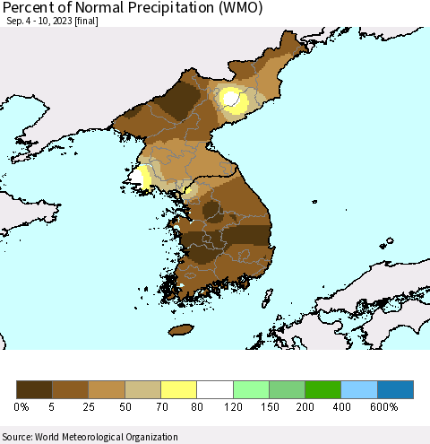 Korea Percent of Normal Precipitation (WMO) Thematic Map For 9/4/2023 - 9/10/2023