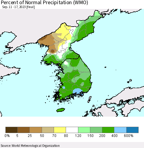 Korea Percent of Normal Precipitation (WMO) Thematic Map For 9/11/2023 - 9/17/2023