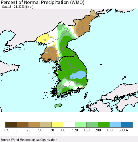 Korea Percent of Normal Precipitation (WMO) Thematic Map For 9/18/2023 - 9/24/2023
