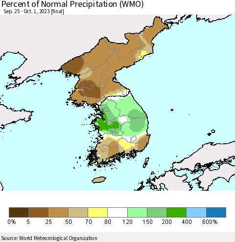 Korea Percent of Normal Precipitation (WMO) Thematic Map For 9/25/2023 - 10/1/2023