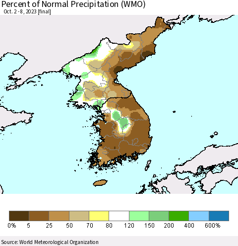 Korea Percent of Normal Precipitation (WMO) Thematic Map For 10/2/2023 - 10/8/2023