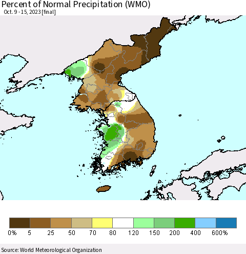 Korea Percent of Normal Precipitation (WMO) Thematic Map For 10/9/2023 - 10/15/2023