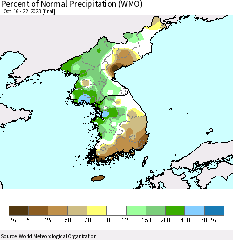 Korea Percent of Normal Precipitation (WMO) Thematic Map For 10/16/2023 - 10/22/2023