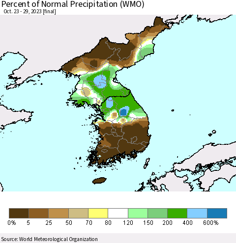 Korea Percent of Normal Precipitation (WMO) Thematic Map For 10/23/2023 - 10/29/2023