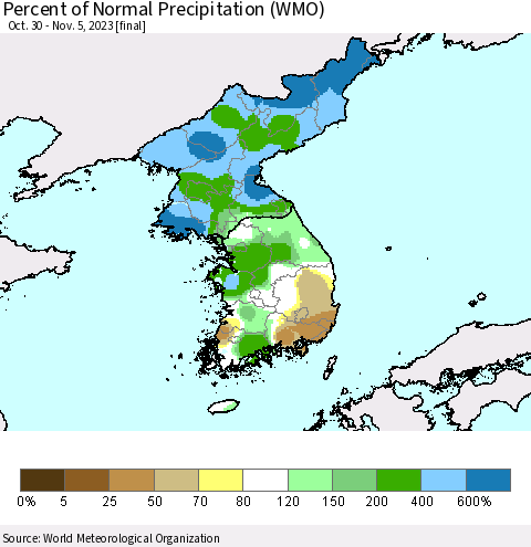 Korea Percent of Normal Precipitation (WMO) Thematic Map For 10/30/2023 - 11/5/2023