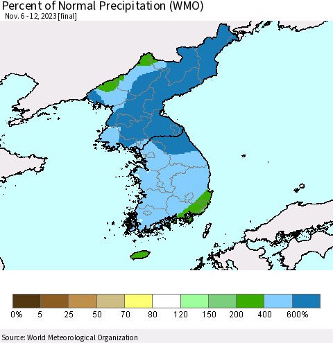 Korea Percent of Normal Precipitation (WMO) Thematic Map For 11/6/2023 - 11/12/2023