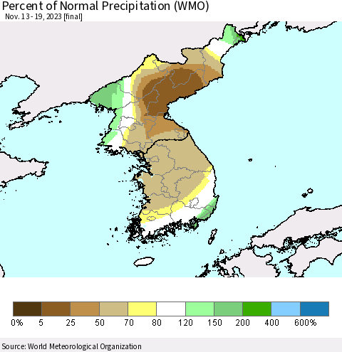 Korea Percent of Normal Precipitation (WMO) Thematic Map For 11/13/2023 - 11/19/2023