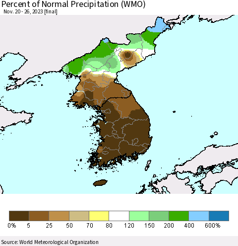 Korea Percent of Normal Precipitation (WMO) Thematic Map For 11/20/2023 - 11/26/2023