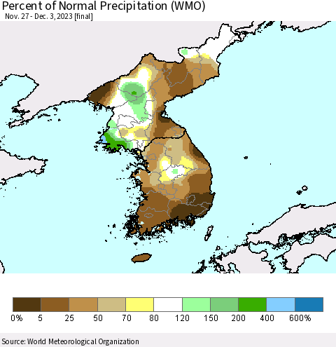 Korea Percent of Normal Precipitation (WMO) Thematic Map For 11/27/2023 - 12/3/2023