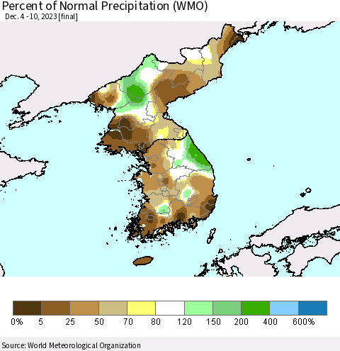 Korea Percent of Normal Precipitation (WMO) Thematic Map For 12/4/2023 - 12/10/2023