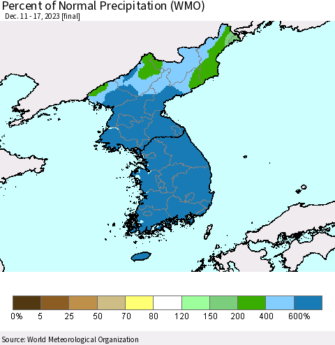 Korea Percent of Normal Precipitation (WMO) Thematic Map For 12/11/2023 - 12/17/2023