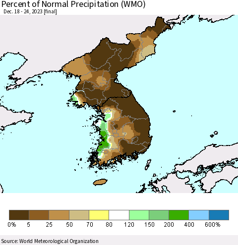 Korea Percent of Normal Precipitation (WMO) Thematic Map For 12/18/2023 - 12/24/2023