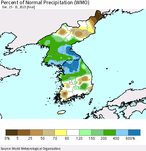 Korea Percent of Normal Precipitation (WMO) Thematic Map For 12/25/2023 - 12/31/2023