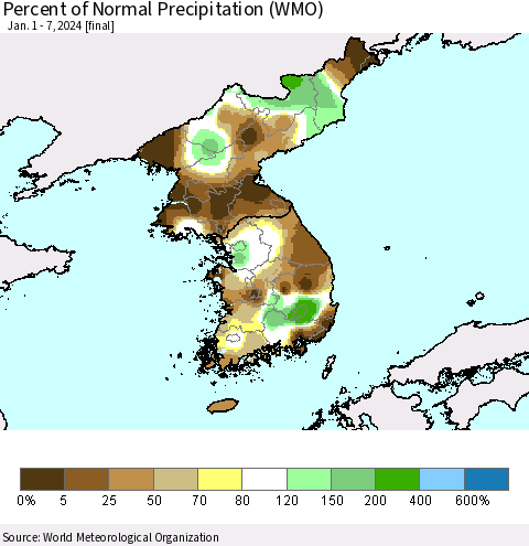 Korea Percent of Normal Precipitation (WMO) Thematic Map For 1/1/2024 - 1/7/2024