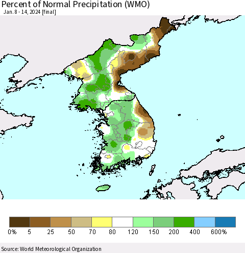 Korea Percent of Normal Precipitation (WMO) Thematic Map For 1/8/2024 - 1/14/2024
