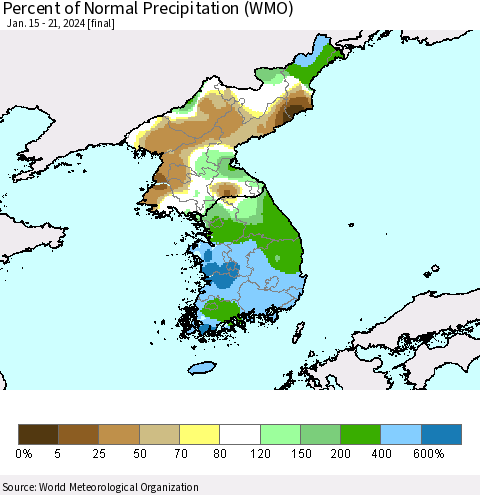 Korea Percent of Normal Precipitation (WMO) Thematic Map For 1/15/2024 - 1/21/2024