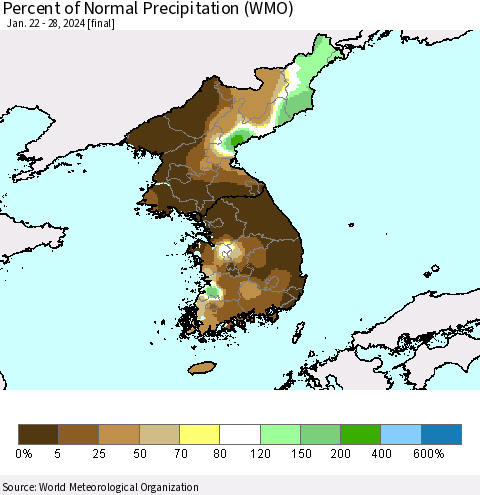 Korea Percent of Normal Precipitation (WMO) Thematic Map For 1/22/2024 - 1/28/2024