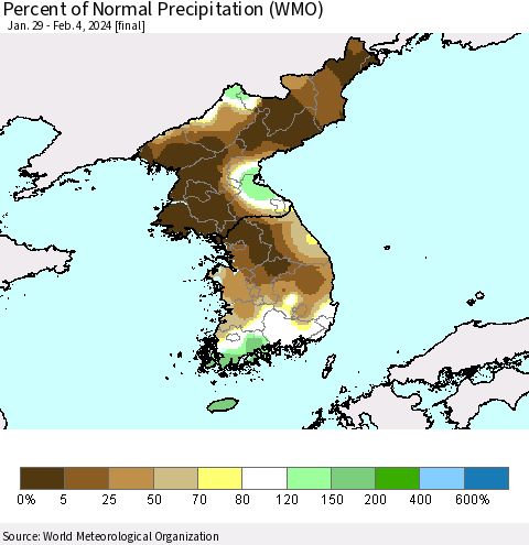Korea Percent of Normal Precipitation (WMO) Thematic Map For 1/29/2024 - 2/4/2024