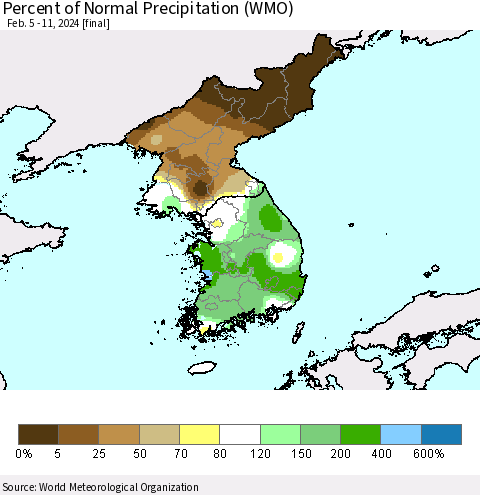Korea Percent of Normal Precipitation (WMO) Thematic Map For 2/5/2024 - 2/11/2024