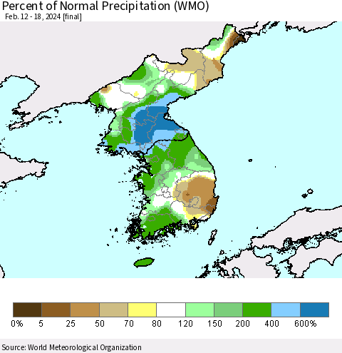 Korea Percent of Normal Precipitation (WMO) Thematic Map For 2/12/2024 - 2/18/2024
