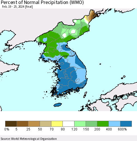 Korea Percent of Normal Precipitation (WMO) Thematic Map For 2/19/2024 - 2/25/2024