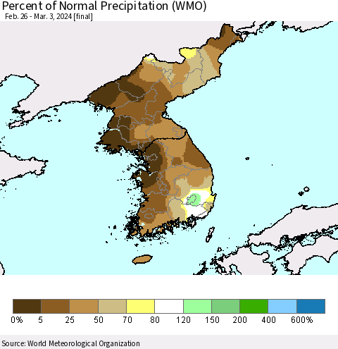 Korea Percent of Normal Precipitation (WMO) Thematic Map For 2/26/2024 - 3/3/2024
