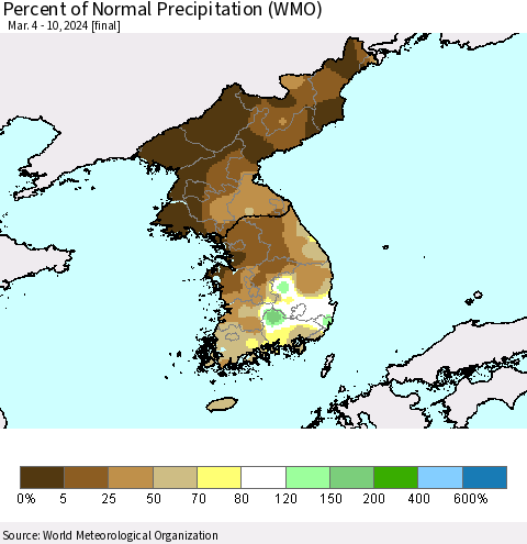 Korea Percent of Normal Precipitation (WMO) Thematic Map For 3/4/2024 - 3/10/2024