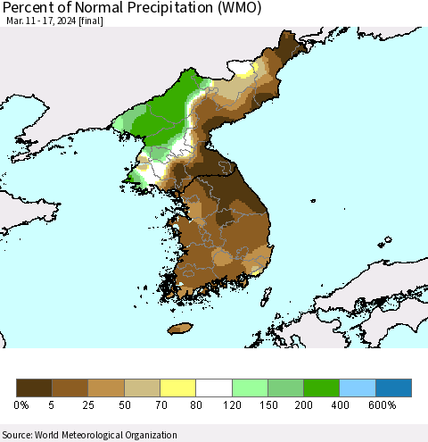 Korea Percent of Normal Precipitation (WMO) Thematic Map For 3/11/2024 - 3/17/2024