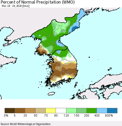 Korea Percent of Normal Precipitation (WMO) Thematic Map For 3/18/2024 - 3/24/2024