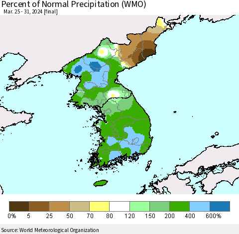 Korea Percent of Normal Precipitation (WMO) Thematic Map For 3/25/2024 - 3/31/2024