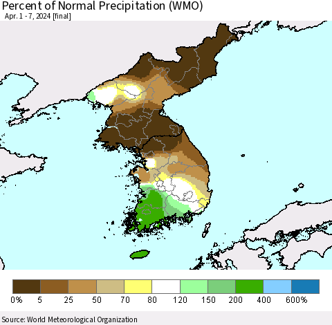 Korea Percent of Normal Precipitation (WMO) Thematic Map For 4/1/2024 - 4/7/2024
