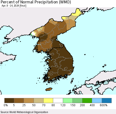 Korea Percent of Normal Precipitation (WMO) Thematic Map For 4/8/2024 - 4/14/2024