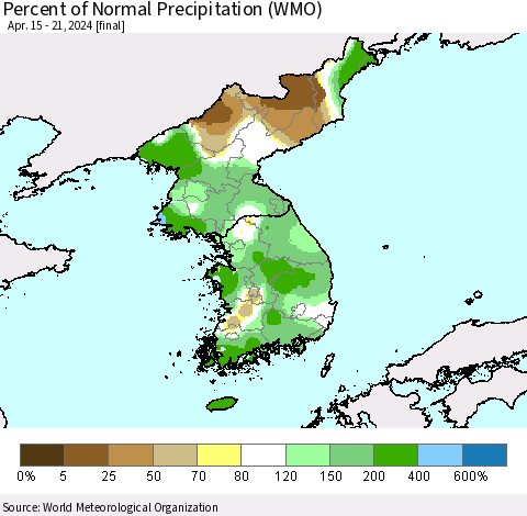 Korea Percent of Normal Precipitation (WMO) Thematic Map For 4/15/2024 - 4/21/2024