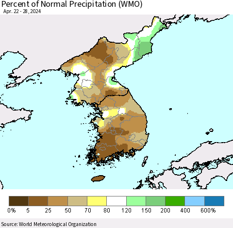 Korea Percent of Normal Precipitation (WMO) Thematic Map For 4/22/2024 - 4/28/2024
