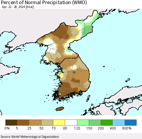 Korea Percent of Normal Precipitation (WMO) Thematic Map For 4/22/2024 - 4/28/2024