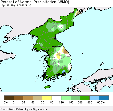 Korea Percent of Normal Precipitation (WMO) Thematic Map For 4/29/2024 - 5/5/2024