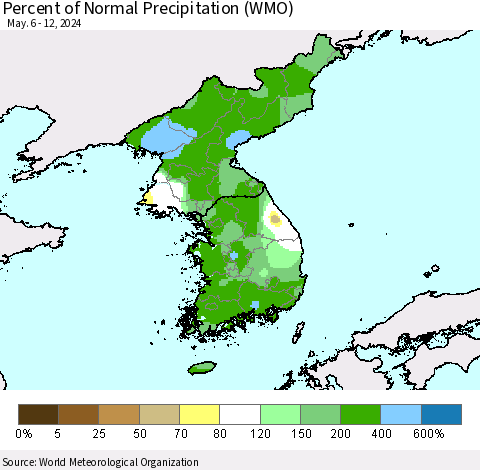Korea Percent of Normal Precipitation (WMO) Thematic Map For 5/6/2024 - 5/12/2024