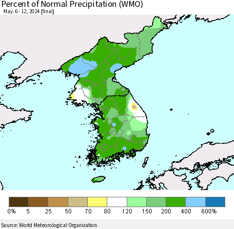 Korea Percent of Normal Precipitation (WMO) Thematic Map For 5/6/2024 - 5/12/2024