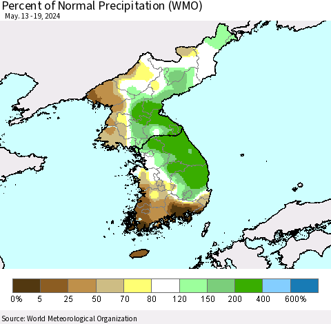 Korea Percent of Normal Precipitation (WMO) Thematic Map For 5/13/2024 - 5/19/2024