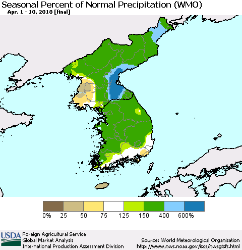 Korea Seasonal Percent of Normal Precipitation (WMO) Thematic Map For 4/1/2018 - 4/10/2018