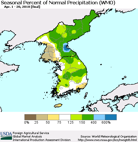 Korea Seasonal Percent of Normal Precipitation (WMO) Thematic Map For 4/1/2018 - 4/20/2018