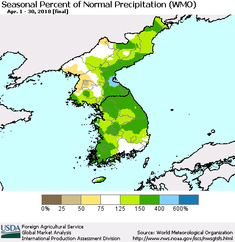 Korea Seasonal Percent of Normal Precipitation (WMO) Thematic Map For 4/1/2018 - 4/30/2018