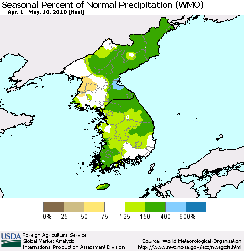 Korea Seasonal Percent of Normal Precipitation (WMO) Thematic Map For 4/1/2018 - 5/10/2018