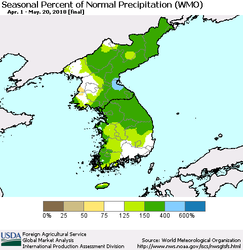 Korea Seasonal Percent of Normal Precipitation (WMO) Thematic Map For 4/1/2018 - 5/20/2018