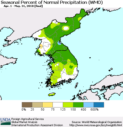 Korea Seasonal Percent of Normal Precipitation (WMO) Thematic Map For 4/1/2018 - 5/31/2018