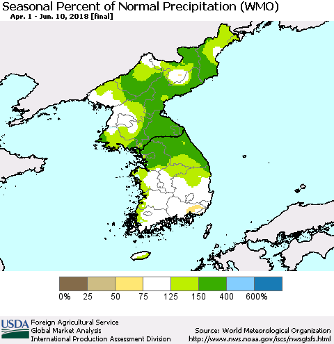 Korea Seasonal Percent of Normal Precipitation (WMO) Thematic Map For 4/1/2018 - 6/10/2018
