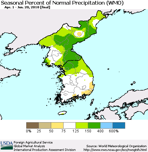 Korea Seasonal Percent of Normal Precipitation (WMO) Thematic Map For 4/1/2018 - 6/20/2018