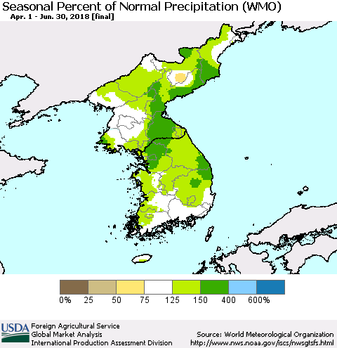 Korea Seasonal Percent of Normal Precipitation (WMO) Thematic Map For 4/1/2018 - 6/30/2018