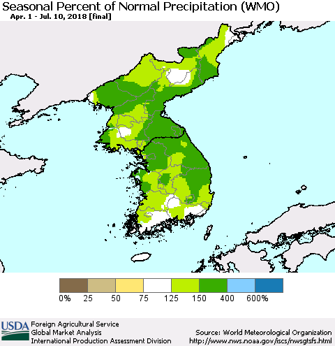 Korea Seasonal Percent of Normal Precipitation (WMO) Thematic Map For 4/1/2018 - 7/10/2018
