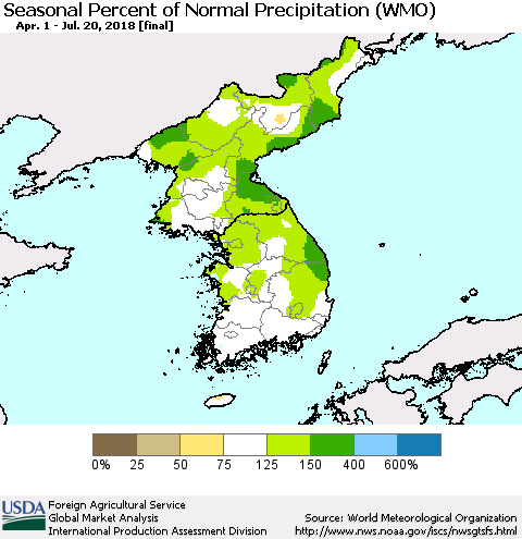 Korea Seasonal Percent of Normal Precipitation (WMO) Thematic Map For 4/1/2018 - 7/20/2018